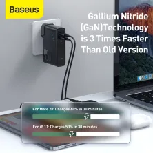 Сетевое зарядное устройство Baseus GaN 2in1 QC3.0+PD3.0 45W USB+Type-C 5A с функцией Павербанка 10000mAh + кабель Type-C 60W 20V/3A 1м Черный