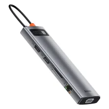 USB-хаб Baseus 11in1 Metal Gleam 11-Port Type-C HUB Adapter Type-C to USB3.0*3, Type-C(PD)*1, 4KHDMI*2, VGA, RJ45, AUX, TF, SD Сірий