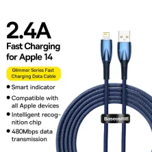 Кабель Baseus Glimmer Series Fast Charging Data Cable USB to Lightning 2.4A 2m Синій