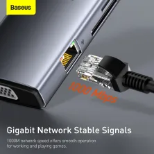 USB-хаб Baseus 11in1 Metal Gleam 11-Port Type-C HUB Adapter Type-C to USB3.0*3, Type-C(PD)*1, 4KHDMI*2, VGA, RJ45, AUX, TF, SD Сірий