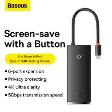 USB-хаб Baseus 6in1 Lite Series 6-Port Type-C HUB Adapter Type-C to USB3.0*2, Type-C*1, 4KHDMI, TF, SD  Черный