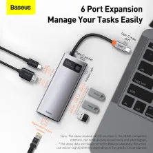 USB-хаб Baseus 6in1 Metal Gleam 6-Port Type-C HUB Adapter Type-C to USB3.0*3, Type-C(PD)*1, 4KHDMI, RJ45 Серый