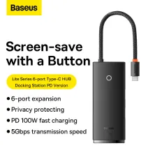 USB-хаб Baseus 6in1 Lite Series 6-Port Type-C HUB Adapter Type-C to USB3.0*2, Type-C(PD)*1, 4KHDMI, TF, SD  Чорний