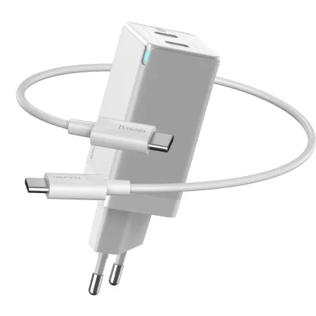 Мережевий зарядний пристрій Baseus GaN Mini PD3.0 45W 2Type-C 3A + кабель Baseus Type-C to Type-C 60W 20V/3A 1м Білий