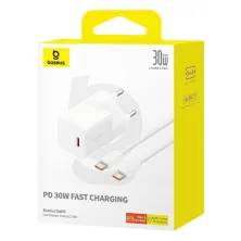 Сетевое зарядное устройство Baseus GaN5 Mini Fast Charger 1C PD3.0 30W Type-C 3A + кабель Baseus Type-C to Type-C 100W 20V/5A 1м Белый