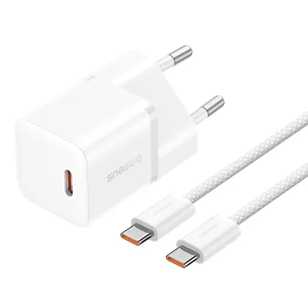 Сетевое зарядное устройство Baseus GaN5 Mini Fast Charger 1C PD3.0 20W Type-C 3A + кабель Baseus Type-C to Type-C 100W 20V/5A 1м Белый