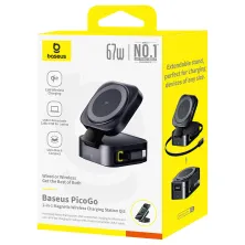 Бездротовий зарядний пристрій Baseus PicoGo Series 2-in-1 Magnetic з функцією MagSafe і Qi2 15W та вбудованим кабелем Type-C 67W Чорний