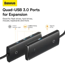 USB-хаб Baseus 4in1 Lite Series 4-Port Type-C HUB Adapter Type-C to USB3.0*4 кабель 2м Чорний