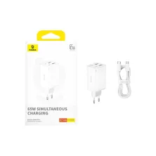 Мережевий зарядний пристрій Baseus GaN6 Pro 65W 2USB+2Type-C + кабель Baseus Type-C to Type-C 100W 20V/5A 1м Білий