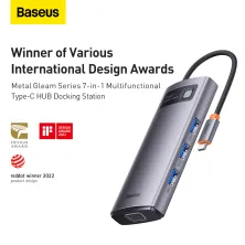 USB-хаб Baseus 7in1 Metal Gleam -Port Type-C HUB Adapter Type-C to USB3.0*3, Type-C(PD)*1, 4KHDMI, VGA, RJ45 Сірий