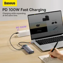 USB-хаб Baseus 7in1 Metal Gleam 7-Port Type-C HUB Adapter Type-C to USB3.0*3, Type-C(PD)*1, 4KHDMI*2, RJ45 Сірий