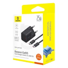 Сетевое зарядное устройство Baseus GaN5 Mini Fast Charger 1C PD3.0 25W Type-C 3A + кабель Baseus Type-C to Type-C 100W 20V/5A 1м Черный