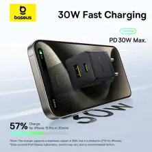 Мережевий зарядний пристрій Baseus Palm Fast Charger QC3.0+PD3.0 30W USB+Type-C 3A + Кабель Type-C to Type-C 60W 20V/3A 1м Чорний