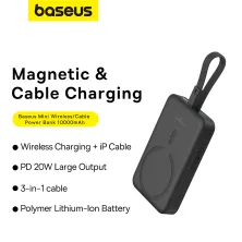 УМБ Baseus Magnetic Mini Wireless Fast Charge 10000mAh 20W 2.4A QC3.0+PD3.0 з функцією MagSafe та Qi 15W і iP 20W кабелем Чорний