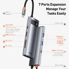 USB-хаб Baseus 7in1 Metal Gleam 7-Port Type-C HUB Adapter Type-C to USB3.0*2, Type-C(PD)*1, Type-C*1, 4KHDMI, TF, SD Сірий