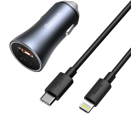 Автомобильное зарядное устройство Baseus Golden Contactor Pro Dual Quick Charger Car Charger 40W USB+Type-C + Кабель Type-C to Lightning 1м Серый