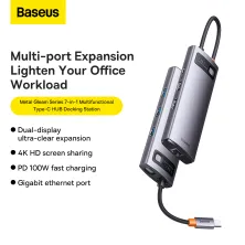 USB-хаб Baseus 7in1 Metal Gleam 7-Port Type-C HUB Adapter Type-C to USB3.0*3, Type-C(PD)*1, 4KHDMI*2, RJ45 Сірий