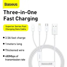 Кабель Baseus Superior Series 3-in-1 Fast Charging Data Cable USB to Lightning+Type-C+MicroUSB 3.5А 1m Белый