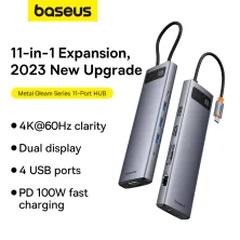 USB-хаб Baseus 11in1 Metal Gleam 11-Port Type-C HUB Adapter Type-C to USB3.0*3, USB2.0*1,Type-C(PD)*1, 4KHDMI*1, VGA, RJ45, TF, SD Сірий