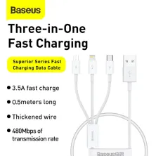 Кабель Baseus Superior Series 3-in-1 Fast Charging Data Cable USB to Lightning+Type-C+MicroUSB 3.5А 0.5m Білий