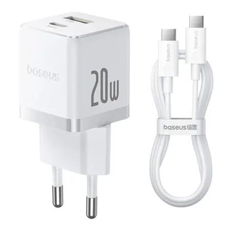 Сетевое зарядное устройство Baseus Palm Fast Charger QC3.0+PD3.0 20W USB+Type-C 3A + Кабель Type-C to Type-C 60W 20V/3A 1м Белый