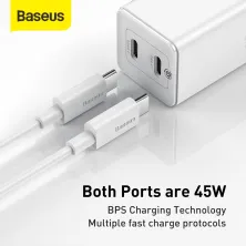 Мережевий зарядний пристрій Baseus GaN Mini PD3.0 45W 2Type-C 3A + кабель Baseus Type-C to Type-C 60W 20V/3A 1м Білий