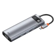 USB-хаб Baseus 9in1 Metal Gleam 9-Port Type-C HUB Adapter Type-C to USB3.0*3, Type-C(PD)*1, 4KHDMI, VGA, RJ45, TF, SD Сірий