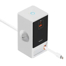 Сетевое зарядное устройство Baseus GaN5 PowerCombo Digital PowerStrip 65W 2AC+USB+Type-C + кабель Baseus Type-C to Type-C 100W 20V/5A 1м Белый