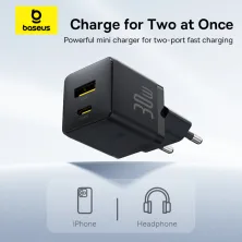 Мережевий зарядний пристрій Baseus Palm Fast Charger QC3.0+PD3.0 30W USB+Type-C 3A + Кабель Type-C to Type-C 60W 20V/3A 1м Чорний