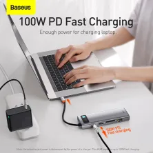 USB-хаб Baseus 9in1 Metal Gleam 9-Port Type-C HUB Adapter Type-C to USB3.0*3, Type-C(PD)*1, 4KHDMI, VGA, RJ45, TF, SD Серый