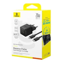 Сетевое зарядное устройство Baseus Palm Fast Charger QC3.0+PD3.0 20W USB+Type-C 3A + Кабель Type-C to Type-C 60W 20V/3A 1м Черный