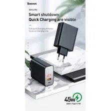 Сетевое зарядное устройство Baseus Speed PPS Intelligent Power-off QC4.0+PD3.0 45W USB+Type-C 6A Черный