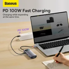 USB-хаб Baseus 7in1 Metal Gleam -Port Type-C HUB Adapter Type-C to USB3.0*3, Type-C(PD)*1, 4KHDMI, VGA, RJ45 Сірий