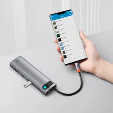 USB-хаб Baseus 11in1 Metal Gleam 11-Port Type-C HUB Adapter Type-C to USB3.0*3, Type-C(PD)*1, 4KHDMI*2, VGA, RJ45, AUX, TF, SD Сірий