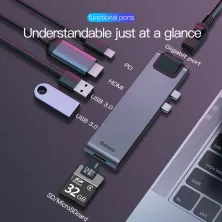 USB-хаб Baseus 7in1 Thunderbolt C + Pro 7-Port Type-C HUB Adapter Type-C*2 to USB3.0*2, Type-C*1, 4KHDMI, RJ45, SD, MicroSD Сірий