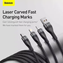 Кабель Baseus Flash Series 2 3-in-1 Fast Charging Data Cable USB to Lightning+Type-C+MicroUSB 66W 1.2m Черный