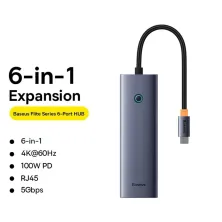USB-хаб Baseus 6in1 UltraJoy 6-Port Type-C HUB Adapter Type-C to USB3.0*3, Type-C(PD)*1, 4KHDMI, RJ45 Сірий