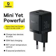 Мережевий зарядний пристрій Baseus Palm Fast Charger QC3.0+PD3.0 30W USB+Type-C 3A + Кабель Type-C to Type-C 60W 20V/3A 1м Чорний