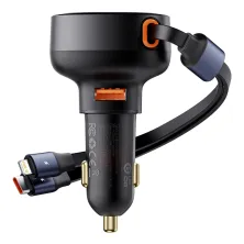 Автомобильное зарядное устройство Baseus Enjoyment Pro Retractable 60W USB и c встроенным кабелем 2-in-1 Type-C и Lightning  0.70м Черный