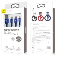 Кабель Baseus Rapid Series Cable 3-in-1 Fast Charging Data Cable USB to Lightning+Type-C+MicroUSB 3А 1.2m Синій