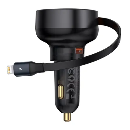 Автомобильное зарядное устройство Baseus Enjoyment Pro Retractable 55W USB и c встроенным кабелем Lightning  0.70м Черный