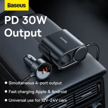 Автомобільний зарядний пристрій Baseus High Efficiency Pro 1-for-2 Car Cigarette Lighter 30W USB+Type-C + 2 Прикурювача Чорний