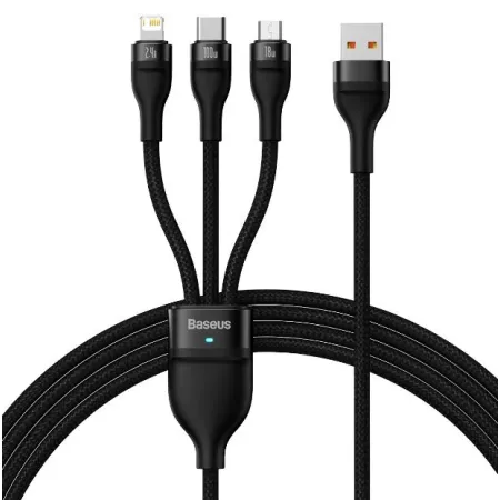 Кабель Baseus Flash Series 2 3-in-1 Fast Charging Data Cable USB to Lightning+Type-C+MicroUSB 66W 1.2m Черный