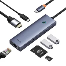 USB-хаб Baseus 7in1 Flite 7-Port Type-C HUB Adapter Type-C to USB3.0*2, Type-C(PD)*1, 4KHDMI, RJ45, SD/TF 3.0 Сірий