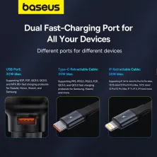 Автомобильное зарядное устройство Baseus Enjoyment Pro Retractable 60W USB и c встроенным кабелем 2-in-1 Type-C и Lightning  0.70м Черный