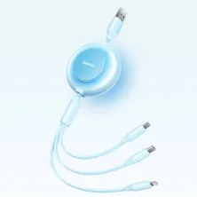 Кабель Baseus Bright Mirror 2 Series Retractable 3-in-1 Fast Charging Data Cable USB to Lightning+Type-C+MicroUSB 3.5А 1.1m Блакитний